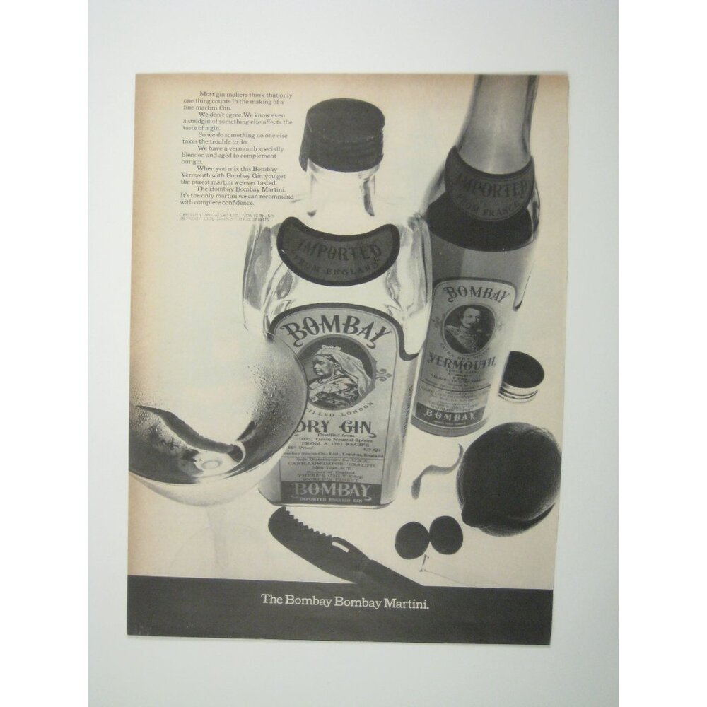 Bombay Martini Dry Gin Vermouth Advertisement Print 1967 MCM MOD Bar Ware